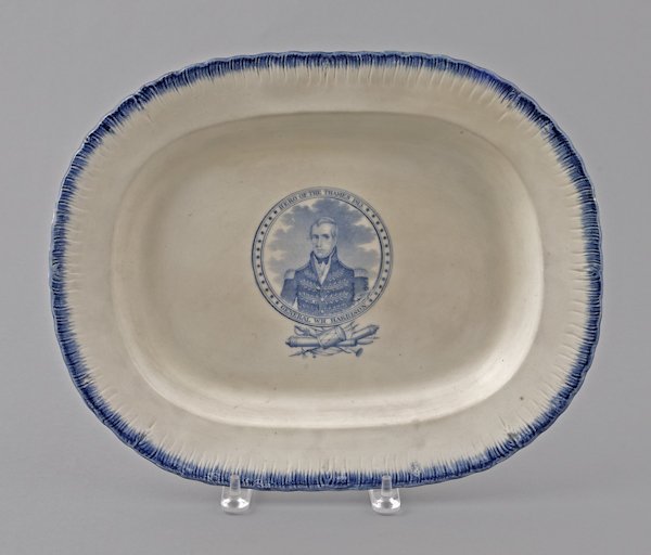 Blue feather edge platter with oval medallion of: Blue feather edge platter with oval medallion of William Harrison, 19th c., 12 1/4'' x 15 1/2''.
