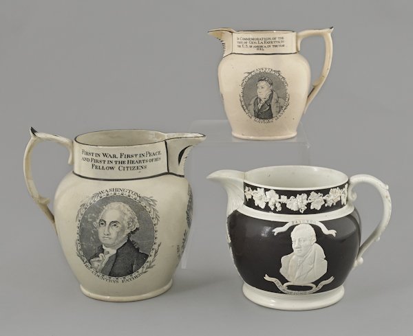 Brown jasperware Washington and Lafayette pitche: Brown jasperware Washington and Lafayette pitcher, 19th c., together with two creamware Washington and Lafayette pitchers, two - 5 3/4'' h., one - 7 3/4'' h.