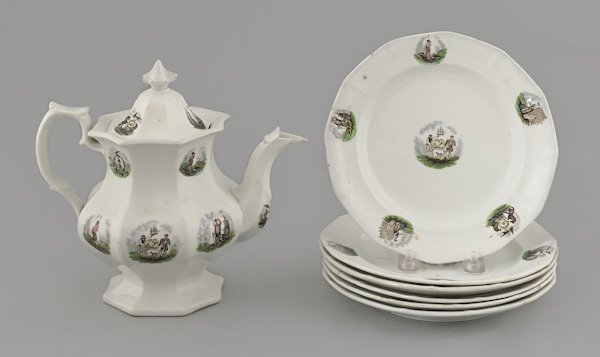 Seven pieces of Arms of States ironstone china,: Seven pieces of Arms of States ironstone china, 19th c., to include a teapot, 9'' h., and six plates, 8 1/4'' dia.
