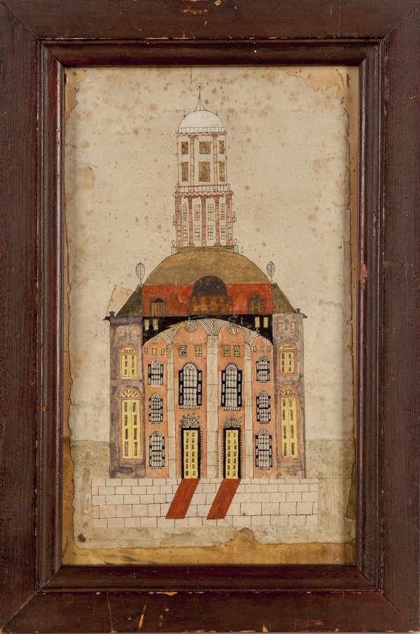 Pennsylvania watercolor fraktur drawing of the L: Pennsylvania watercolor fraktur drawing of the Lebanon County courthouse, early/mid 19th c., 13'' x 7 1/2''. Provenance: One of three watercolors removed from a Lebanon dower chest.