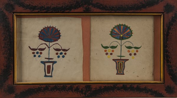 Pair of Pennsylvania watercolor fraktur drawings: Pair of Pennsylvania watercolor fraktur drawings of potted flowers, late 19th c., frame - 9 1/4'' x 16 1/2''.