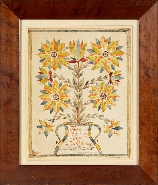 Pennsylvania ink and watercolor fraktur birth ce: Pennsylvania ink and watercolor fraktur birth certificate, dated 1837, for Littia Badolome, 9 3/4'' x 7 3/4''.