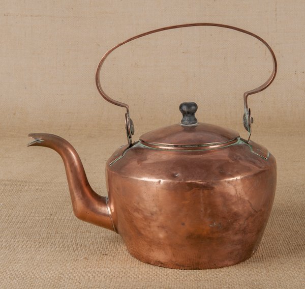 Franklin County, Pennsylvania copper kettle, 19t: Franklin County, Pennsylvania copper kettle, 19th c., with a swing handle, impressed W. Heyser Chambersburg, 10 3/4'' h.