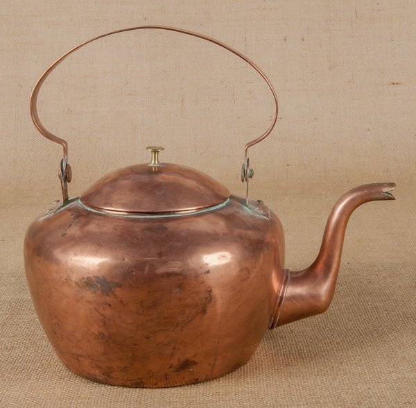 Philadelphia copper kettle, 19th c., with a swi: Philadelphia copper kettle, 19th c., with a swing handle, impressed G.Tryon, 12'' h.