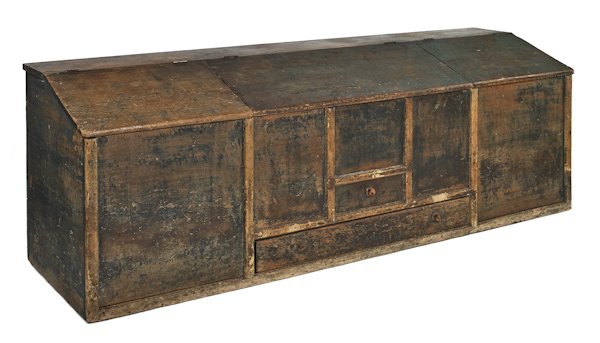 Painted pine grain bin, 19th c., with three lif: Painted pine grain bin, 19th c., with three lift lid compartments, all with interior drawers, retaining an old blue/green surface, 28 1/2'' h., 85'' w.