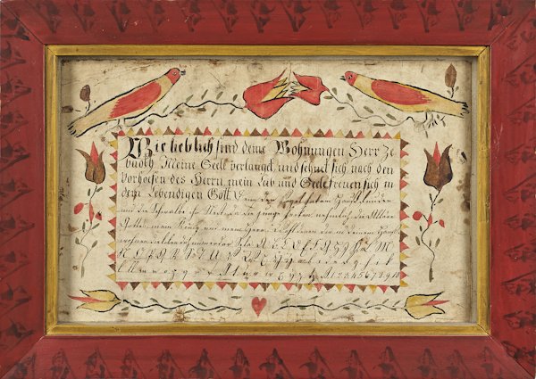 Southeastern Pennsylvania ink and watercolor fra: Southeastern Pennsylvania ink and watercolor fraktur vorschrift, ca. 1800, 7 3/4'' x 11 3/4''.