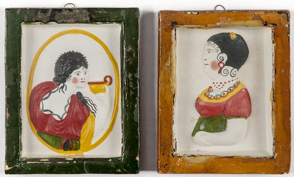 Two Pennsylvania chalkware relief busts, 19th c.: Two Pennsylvania chalkware relief busts, 19th c., to include a woman with a chalice and a profile of a woman, 5 3/4'' x 4 1/2''.