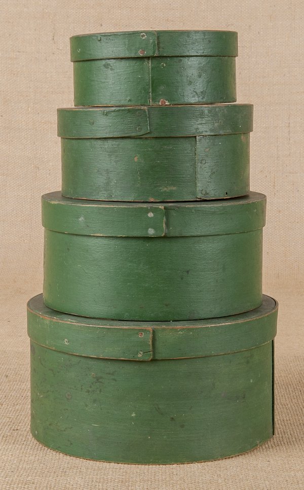 Set of four Pennsylvania graduated painted pantr: Set of four Pennsylvania graduated painted pantry boxes, 19th c., largest 4 1/2'' h., 8 3/4'' dia.