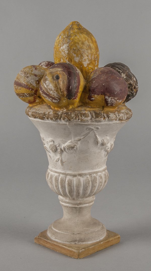 Pennsylvania chalkware urn of fruit garniture, 1: Pennsylvania chalkware urn of fruit garniture, 19th c., retaining its original decorated surface, 15'' h.