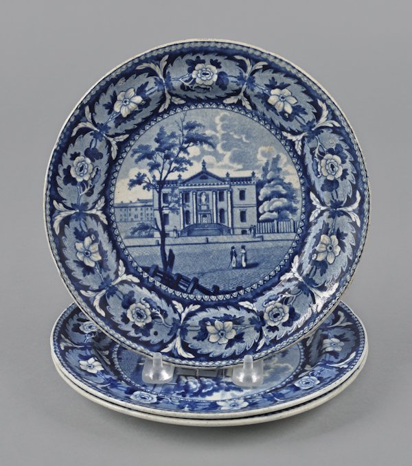 Three historical blue Staffordshire Library Phil: Three historical blue Staffordshire Library Philadelphia plates, 19th c., with blue glaze mark J & W Ridgway, 8 1/2'' dia. Provenance: Property sold with the approval of the trustees of the Philadelph