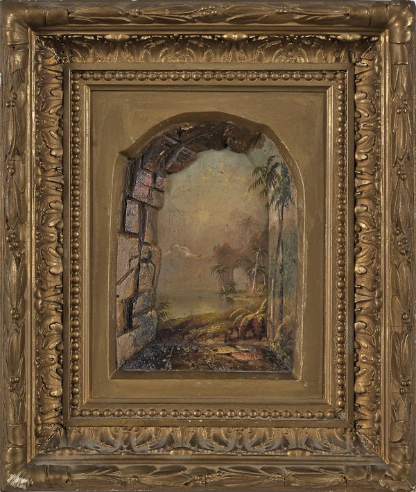 Russell Smith (American 1812-1896), oil on rece: Russell Smith (American 1812-1896), oil on recessed panel tropical landscape, inscribed verso Russell Smith painting 1887 scenery painter at Academy of Music given to Harry V. Paul head stage carpente