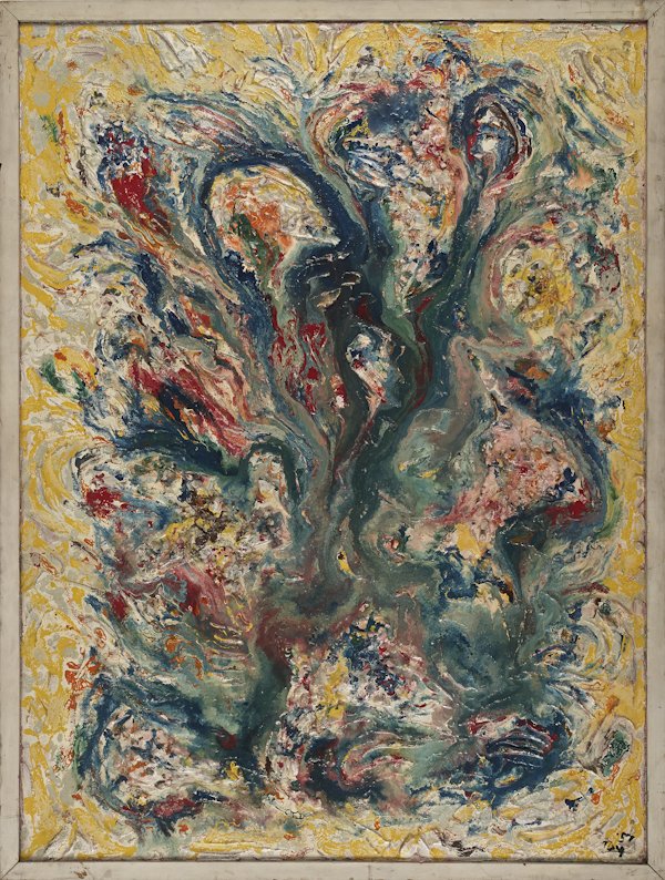 Lloyd Raymond Ney (American 1893-1965), oil on: Lloyd Raymond Ney (American 1893-1965), oil on board abstract, signed lower right and dated '57, 48'' x 36''. Provenance: Estate of the artist.