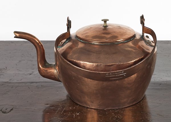 Baltimore, Maryland copper tea kettle, ca. 1800: Baltimore, Maryland copper tea kettle, ca. 1800, impressed C. Raborg Pratt Street Baltimore 6, 7 1/4'' h.