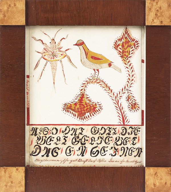 Pennsylvania watercolor on paper fraktur drawing: Pennsylvania watercolor on paper fraktur drawing, dated 1837, with a bird and exotic cricket, signed indistinctly on side and bottom, 6 3/4'' x 5 3/4''.
