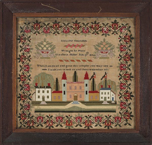 Wool pictorial needlework, dated 1846, wrough: Wool pictorial needlework, dated 1846, wrought by Elizabeth Miller, purportedly New Jersey, with a verse above houses and a church within a floral border, 16 1/2'' x 17 1/2''.