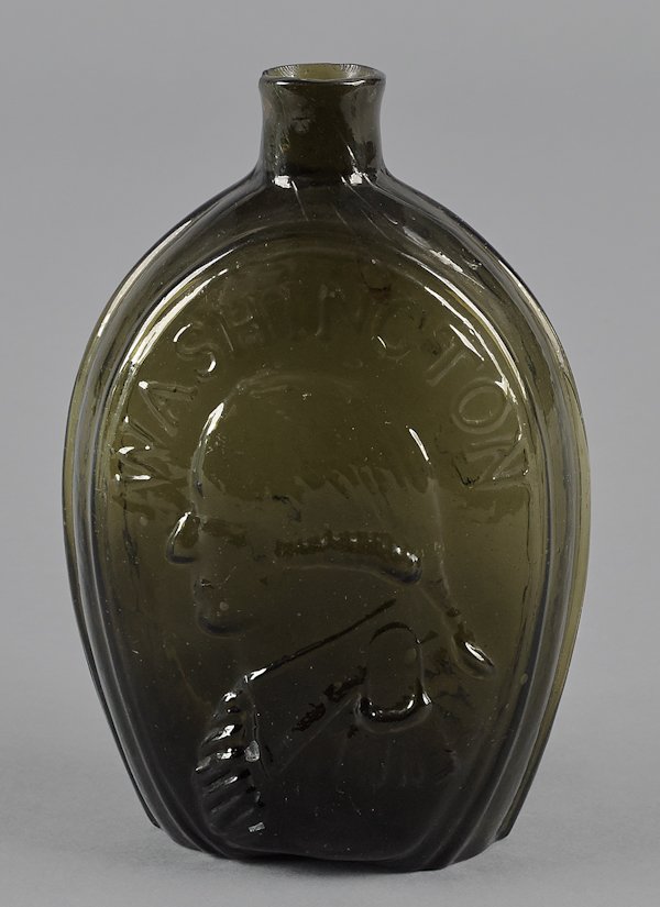 Keene, New Hampshire, Washington-Jackson olive a: Keene, New Hampshire, Washington-Jackson olive amber GI 31 portrait flask, ca. 1840, 6 3/4'' h.