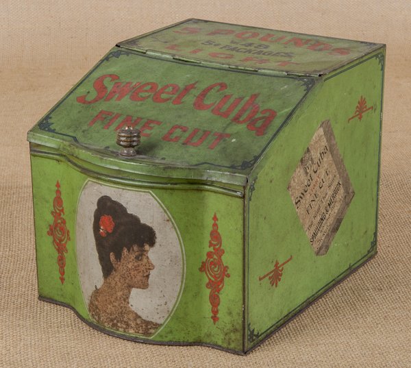 Spaulding & Merrick Sweet Cuba Fine Cut painted: Spaulding & Merrick Sweet Cuba Fine Cut painted tobacco tin, 7 3/4'' h., 8'' w.