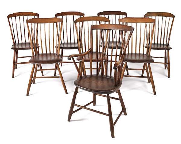 Set of eight rodback step-down Windsor chairs, c: Set of eight rodback step-down Windsor chairs, ca. 1800, including one armchair.