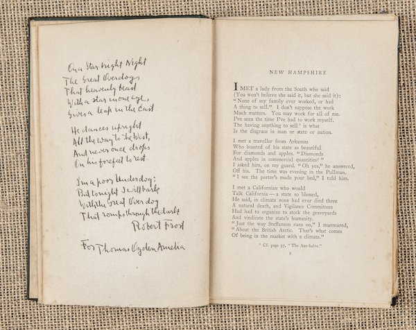Frost, Robert, New Hampshire, copyright 1923 by: Frost, Robert, New Hampshire, copyright 1923 by Henry Holt and Company, 3rd printing with autographed thirteen line poem, Canis Major in Frost's hand.