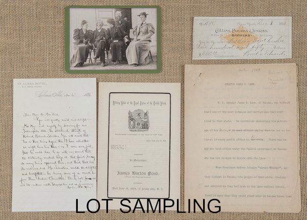 Group of miscellaneous ephemera, to include sig: Group of miscellaneous ephemera, to include signed letters from Joseph Jefferson, Susa Young Gates, Thomas Nelson Page, George W. Cable, Julia Ward Howell, John Martin, Senator Joe McCarthy, James Whi