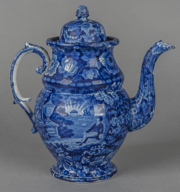 Historical blue Staffordshire Lafayette at Frank: Historical blue Staffordshire Lafayette at Franklin's Tomb coffee pot, 19th c., 11'' h.