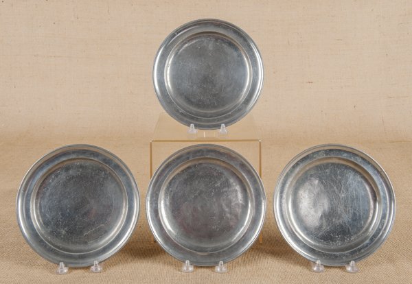 Four Newport, Rhode Island pewter plates, ca. 17: Four Newport, Rhode Island pewter plates, ca. 1775, bearing the touch of David Melville, 8 1/4'' dia.