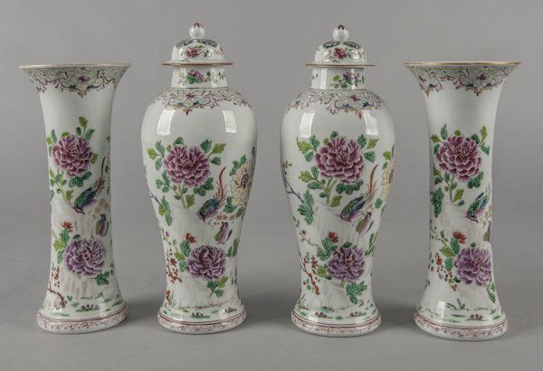 Samson porcelain four-piece garniture set, early: Samson porcelain four-piece garniture set, early 20th c., in the Chinese famille rose style, to include two covered urns, 13 1/4'' h. and two spill vases, 11 3/4'' h.
