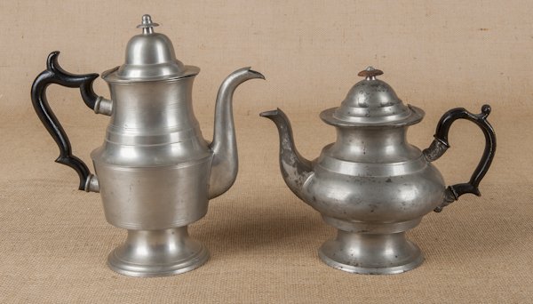 Philadelphia pewter teapot, ca. 1830, bearing t: Philadelphia pewter teapot, ca. 1830, bearing the touch of John Henry Palethorp, 8'' h., together with a Massachusetts or Rhode Island coffee pot, bearing the touch of George Richardson, 10 1/4'' h.