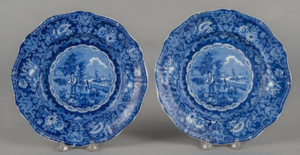 Two Historical blue Staffordshire Franklin's Mor: Two Historical blue Staffordshire Franklin's Morals plates, 19th c., inscribed No Gains Without Pains, 10 3/8'' dia.