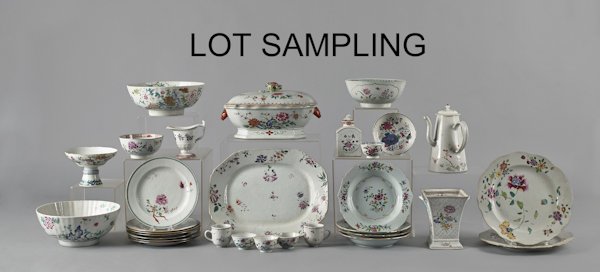 Assembled set of Chinese export famille rose por: Assembled set of Chinese export famille rose porcelain dinner service, late 18th c., to include a boar's head tureen and cover, a platter, two large serving bowls, a lighthouse coffee pot, etc., appro