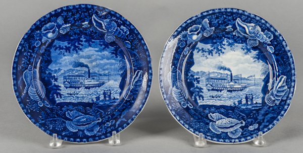 Two Historical blue Staffordshire steamboat plat: Two Historical blue Staffordshire steamboat plates, 19th c., depicting the Chief Justice Marshall and Union Line, 10'' dia.