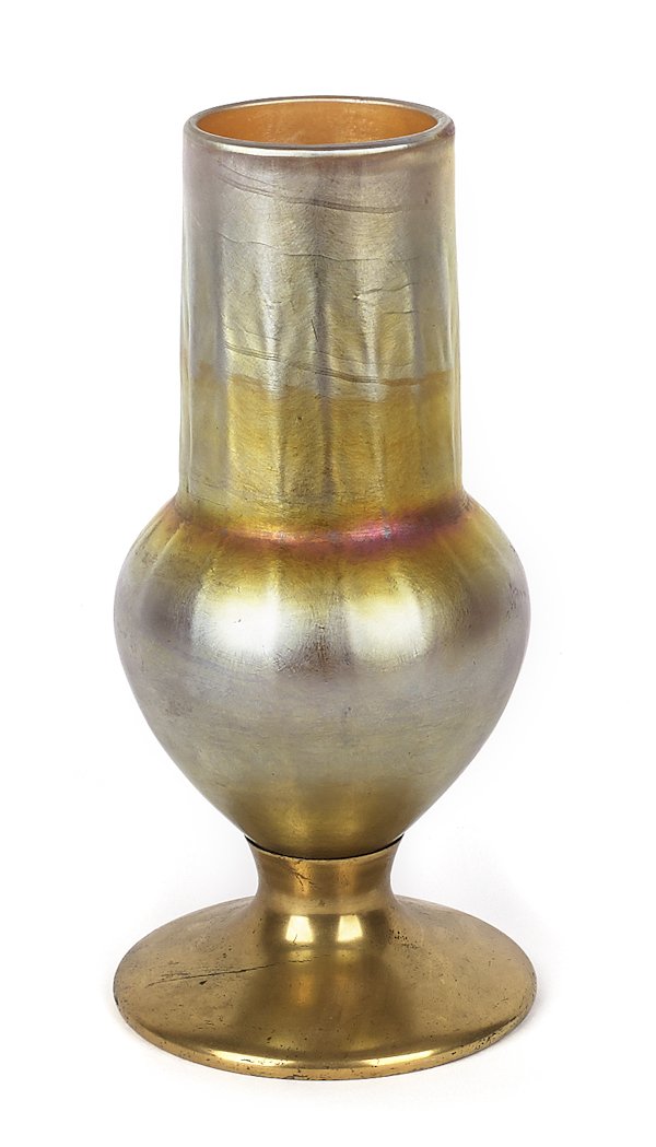Tiffany gold favrille iridescent glass vase, wi: Tiffany gold favrille iridescent glass vase, with gilt bronze base, retaining its original sticker on base, 8 3/8'' h.