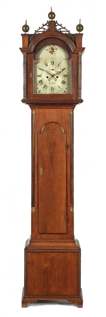 Massachusetts Federal cherry tall case clock, ca: Massachusetts Federal cherry tall case clock, ca. 1810, the eight-day movement with painted face, inscribed Ephraim Willard, 97'' h.
