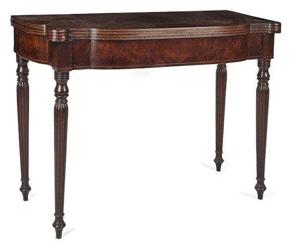 Massachusetts Sheraton mahogany card table, ca.: Massachusetts Sheraton mahogany card table, ca. 1810, with line inlay and reeded legs, 28'' h., 37'' w.