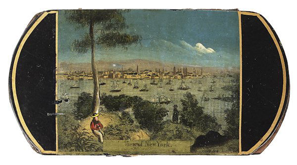 Lacquer cigar case, 19th c., with a lithograph: Lacquer cigar case, 19th c., with a lithograph view of New York, 3'' h., 5 1/2'' w.
