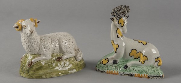 English pearlware giraffe, early 19th c., 6 1/4: English pearlware giraffe, early 19th c., 6 1/4'' h., together with a ram, 5'' h.