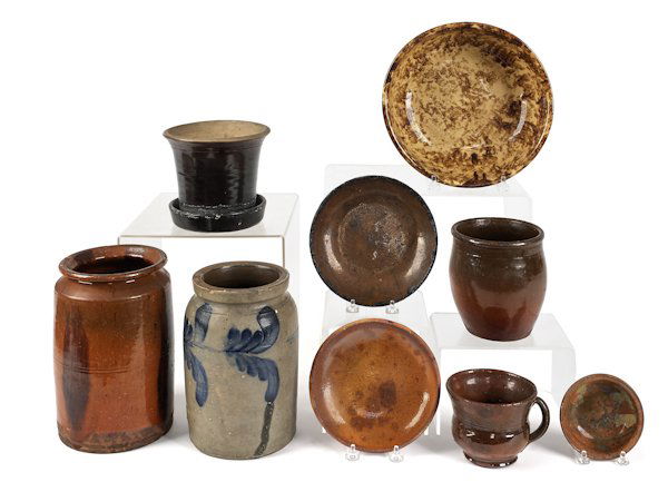 Nine pieces of pottery, to include a cobalt decor: Nine pieces of pottery, to include a cobalt decorated crock, a redware crock, a flower pot, etc.