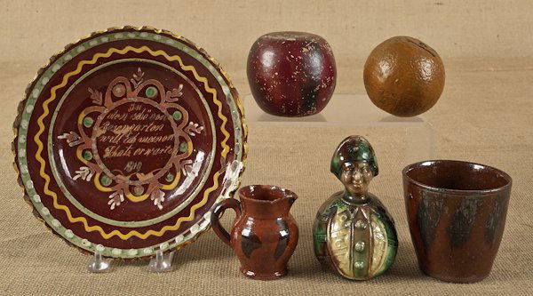 Group of redware and pottery banks, 19th c.: Group of redware and pottery banks, 19th c.