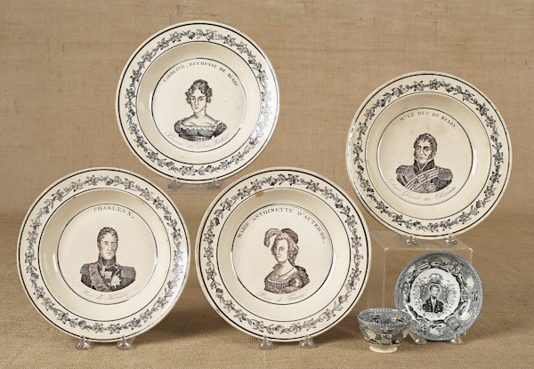 Four French creamware portrait plates, 19th c., t: Four French creamware portrait plates, 19th c., together with a Wedgwood portrait cup and saucer of Speyk.