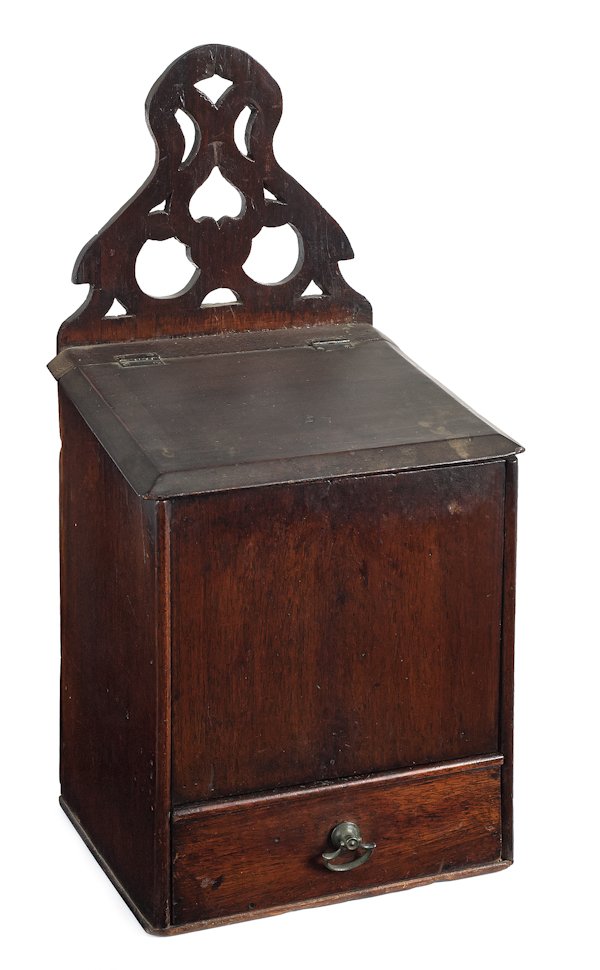 English mahogany hanging candlebox, 19th c., 19'': English mahogany hanging candlebox, 19th c., 19'' h., 8 1/2'' w.