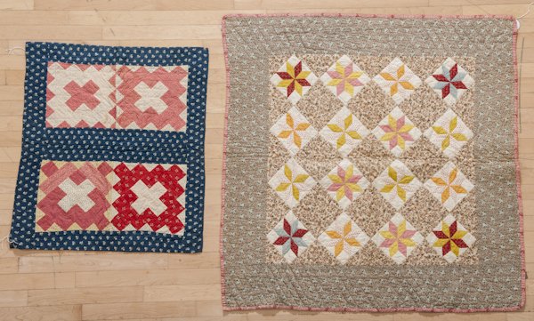 Pieced child's star quilt, 49'' x 49'', together wi: Pieced child's star quilt, 49'' x 49'', together with a chimney sweep crib quilt, 30'' x 35''.