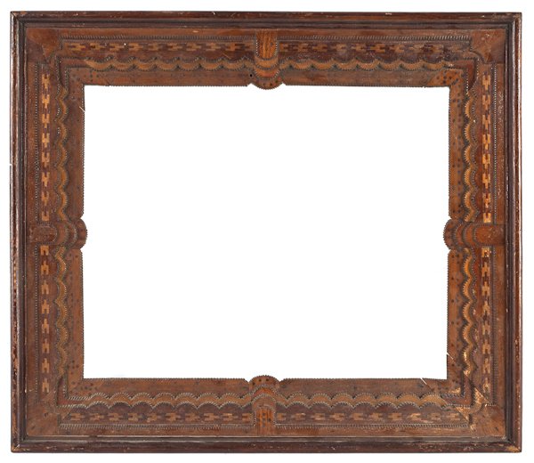 Tramp art frame, ca. 1900, 22 3/4'' x 22 1/2'', tog: Tramp art frame, ca. 1900, 22 3/4'' x 22 1/2'', together with a Victorian frame, 32'' x 27 3/4''.