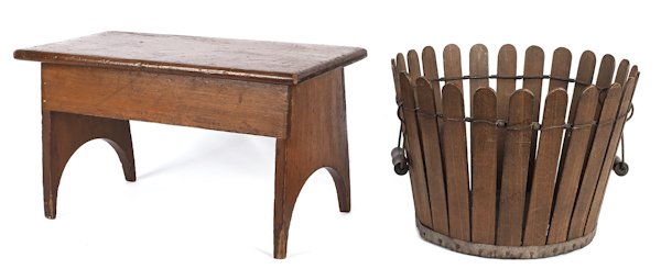 Shaker picket fence basket, 19th c., 10'' h., toge: Shaker picket fence basket, 19th c., 10'' h., together with a cherry shaker stool, 10 1/4'' h., 19'' w.