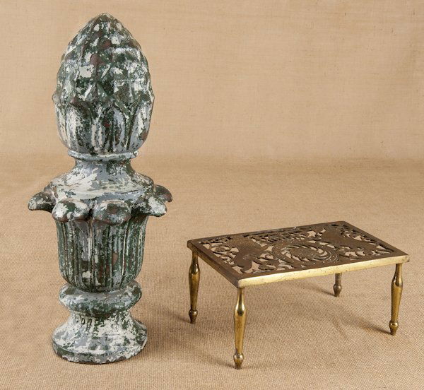 Large cast iron pineapple finial, 19th c., 20'' h.: Large cast iron pineapple finial, 19th c., 20'' h., together with a brass trivet, 5 1/2'' h., 12'' w.