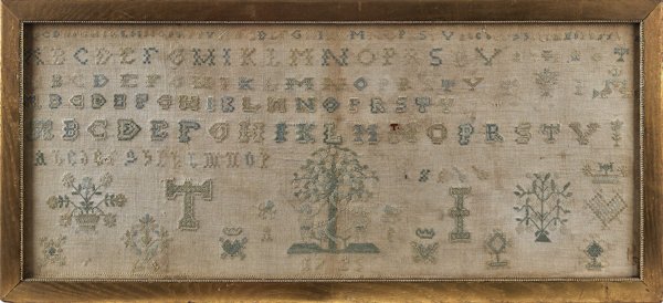 Continental needlework sampler, dated 1725, 11'': Continental needlework sampler, dated 1725, 11'' x 27''.
