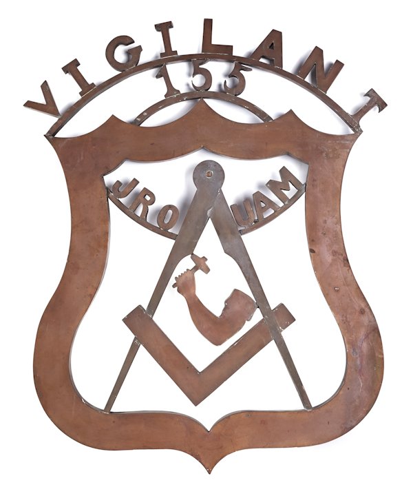 Brass Masonic lodge sign, 26'' h., 20'' w.: Brass Masonic lodge sign, 26'' h., 20'' w.
