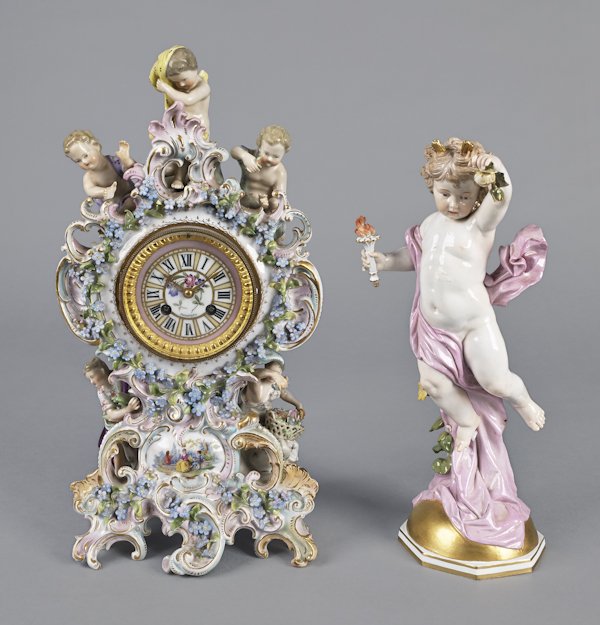 Meissen type porcelain mantel clock, marked Bail: Meissen type porcelain mantel clock, marked Bailey, Banks, & Biddle, Phila., with cherubs, 17 1/2'' h., together with a Meissen cherub figure, 14'' h.