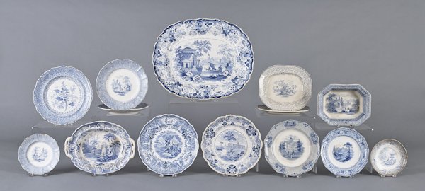 Group of blue and white transfer decorated tablew: Group of blue and white transfer decorated tableware, to include platters, plates, etc.