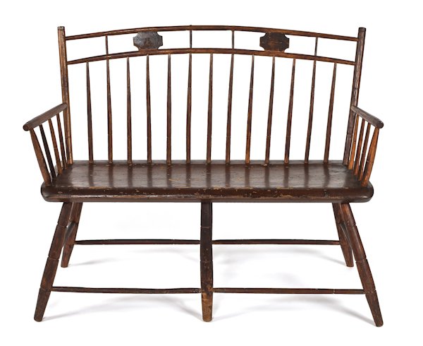Unusual Pennsylvania birdcage Windsor settee, 19t: Unusual Pennsylvania birdcage Windsor settee, 19th c., 38 1/2'' w., together with a birdcage Windsor armchair.