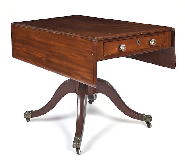 Mahogany Regency breakfast table, ca. 1815, with: Mahogany Regency breakfast table, ca. 1815, with a drop leaf top, 28 1/2'' h., 42'' w.